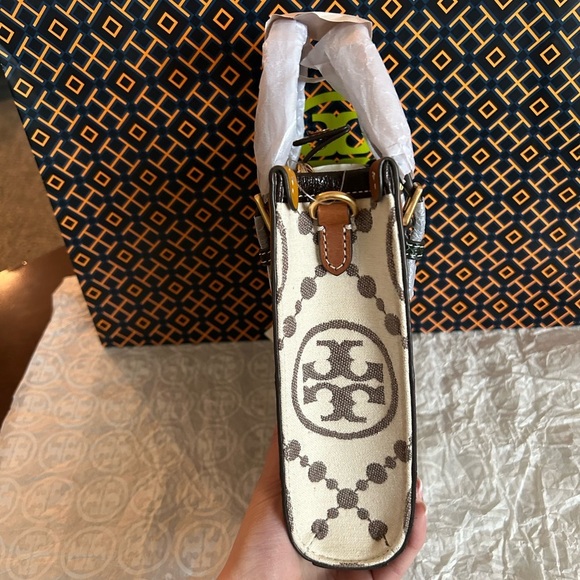 Tory Burch T Monogram Grommet Mini Tote Bag Crossbody Ivory Tan Brown Gold - Picture 4 of 14